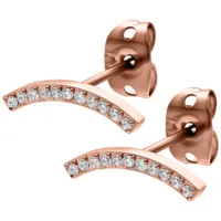 Due orecchini in oro rosa con cristalli chiari su sfondo bianco