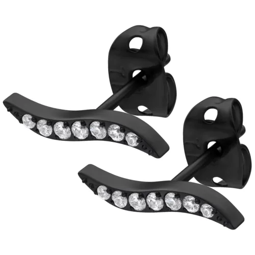 Orecchini neri con cristalli chiari su sfondo bianco