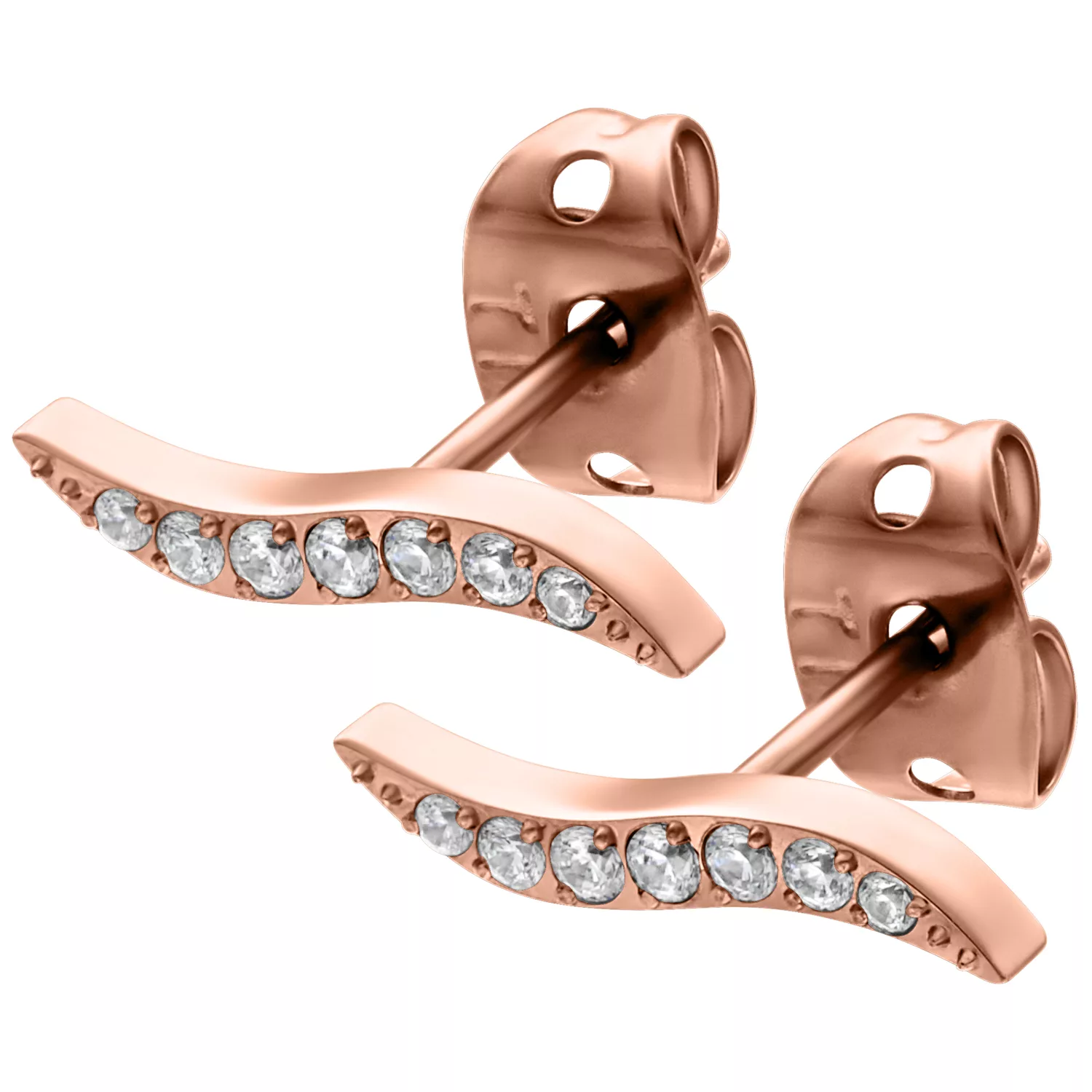 Orecchini in oro rosa con cristalli scintillanti su sfondo bianco