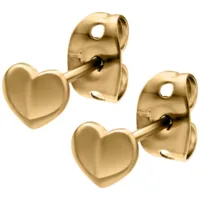 Orecchini a cuore dorati in metallo Due brillanti orecchini a cuore dorati su sfondo bianco