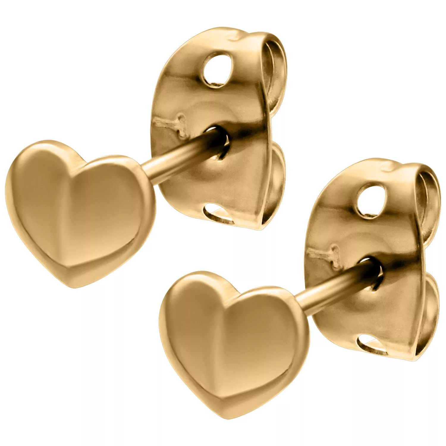 Orecchini a cuore dorati in metallo Due brillanti orecchini a cuore dorati su sfondo bianco