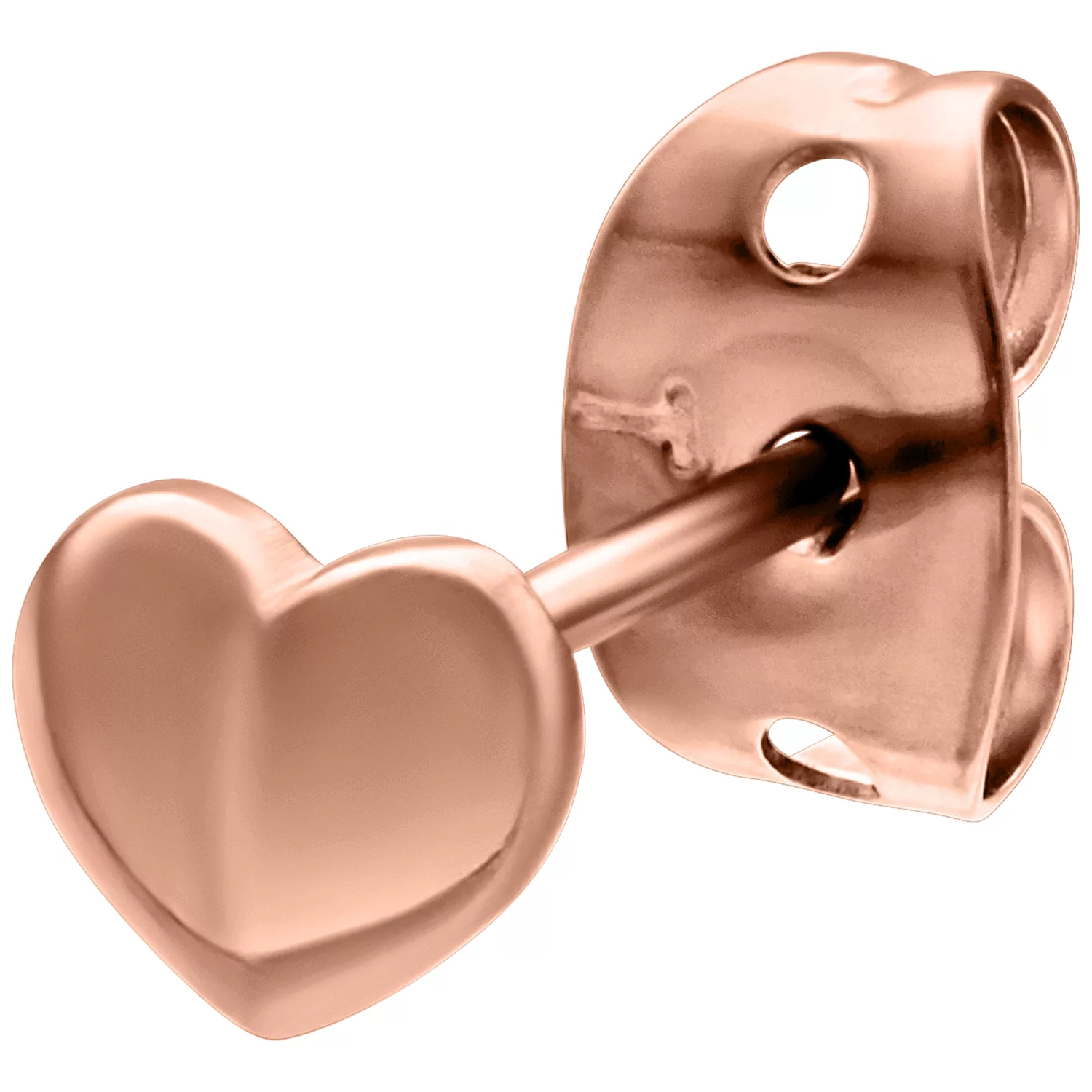Orecchini a cuore in oro rosa su sfondo bianco, lucidati a specchio