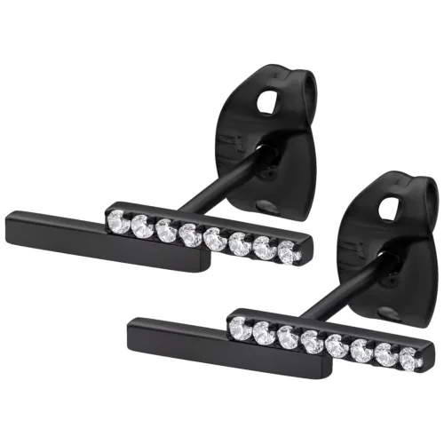 Due orecchini neri con cristalli chiari su sfondo bianco