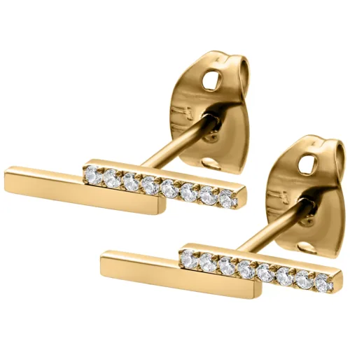 Orecchini dorati con cristalli chiari su sfondo bianco