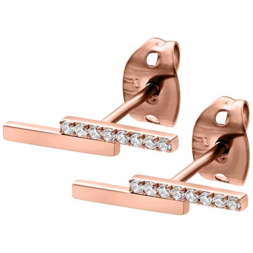 Due orecchini a perno in oro rosa con cristalli chiari su sfondo bianco