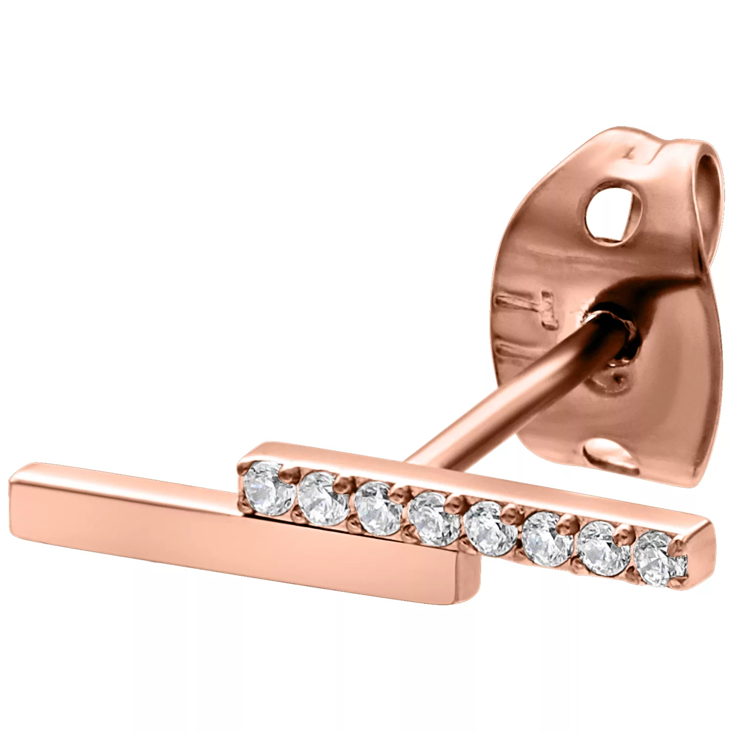 Orecchino in oro rosa con cristalli chiari su sfondo bianco