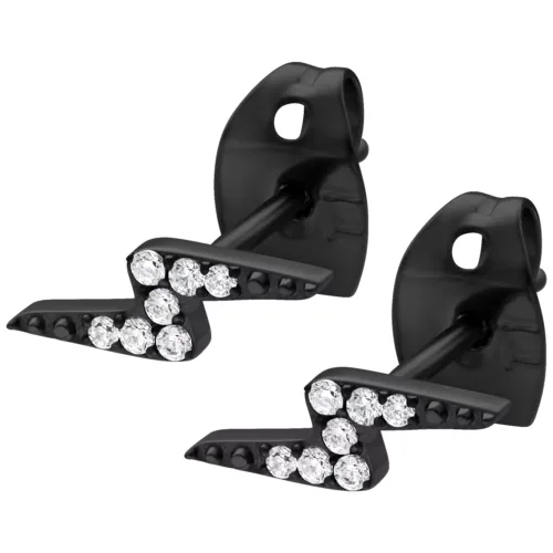 Orecchini neri a forma di fulmine con cristalli chiari su sfondo bianco