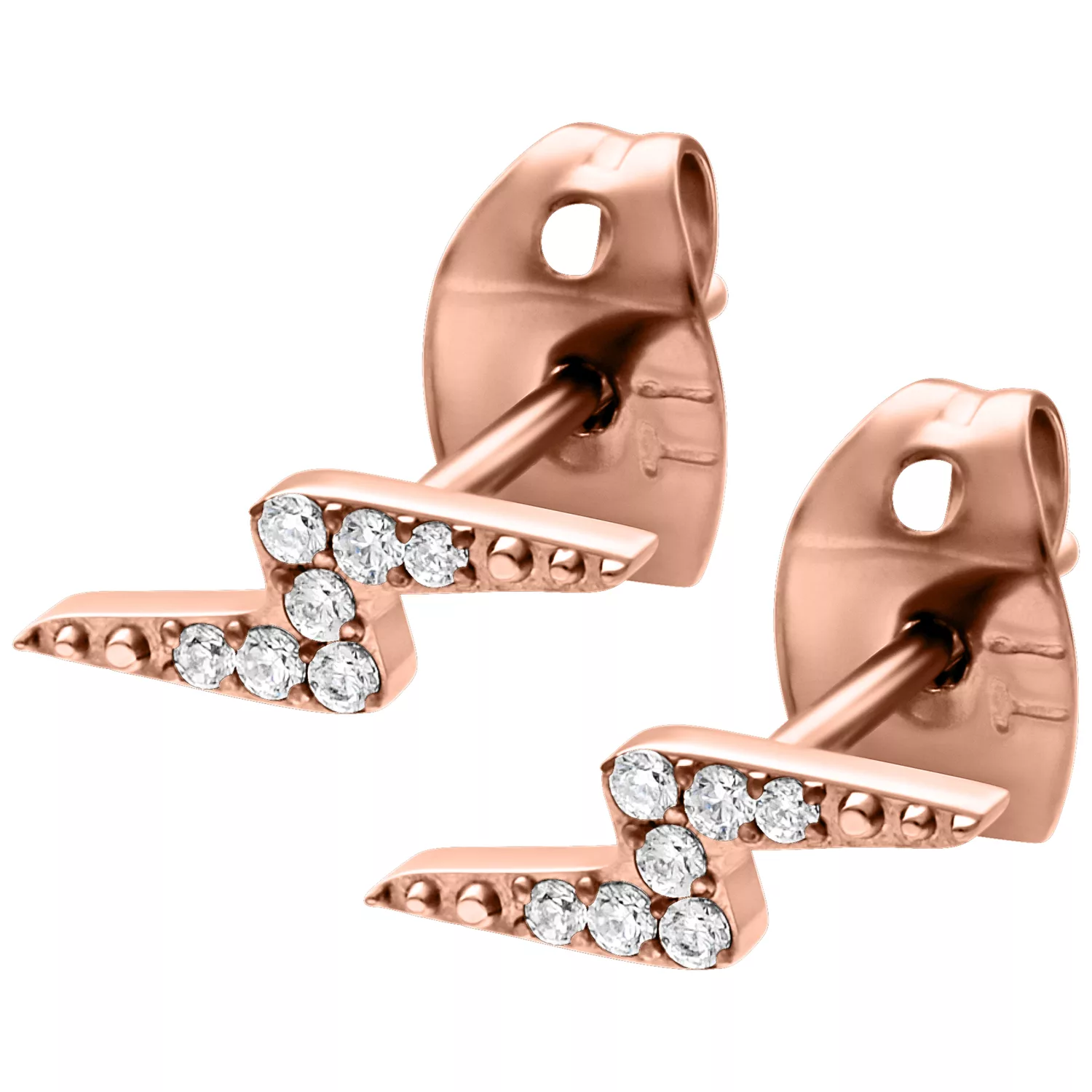 Coppia di orecchini a saetta in oro rosa con cristalli chiari su sfondo bianco