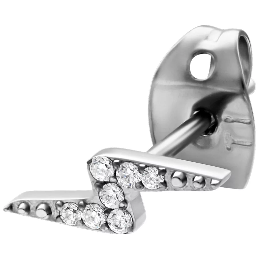 Orecchini in argento a forma di fulmine con cristalli su sfondo bianco