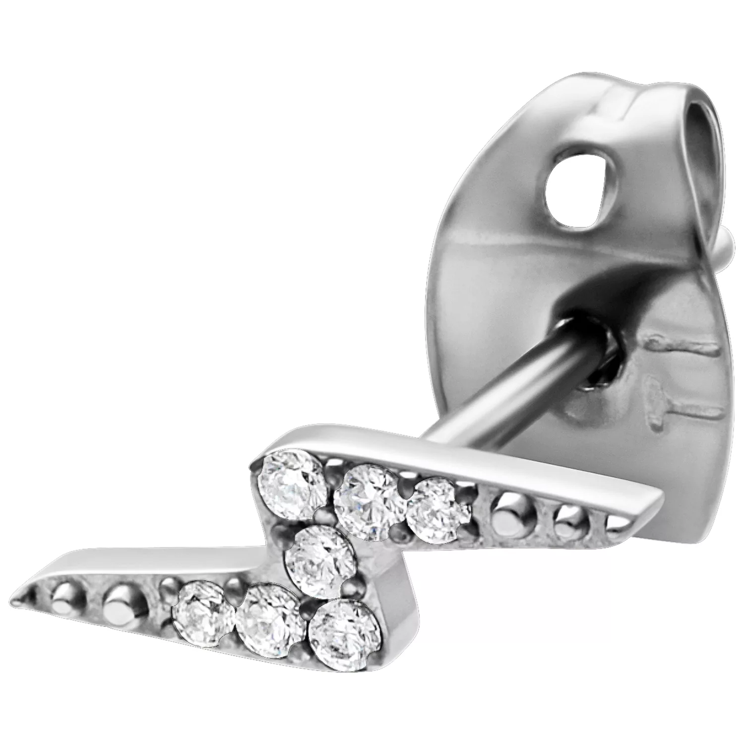 Orecchini in argento a forma di fulmine con cristalli su sfondo bianco