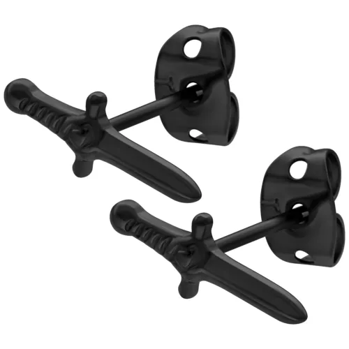 Due orecchini a spada nera su sfondo bianco, lucidati a specchio