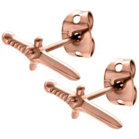 Orecchini a spada in oro rosa su sfondo bianco, lucido