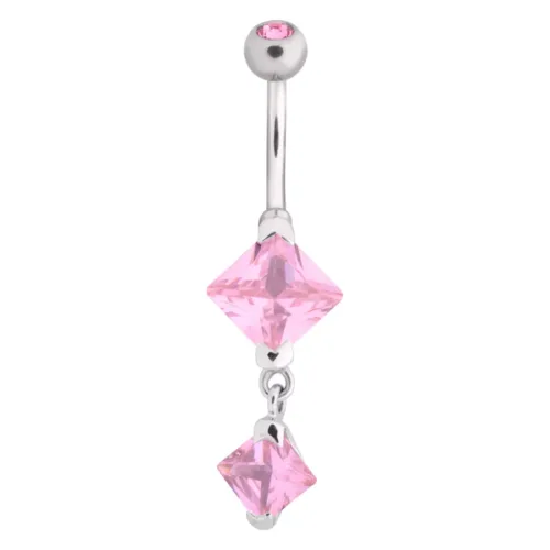Piercing all'ombelico in argento con due cristalli rosa su sfondo bianco