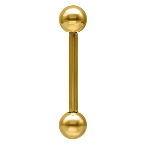 Barbell dorato con due sfere su sfondo bianco
