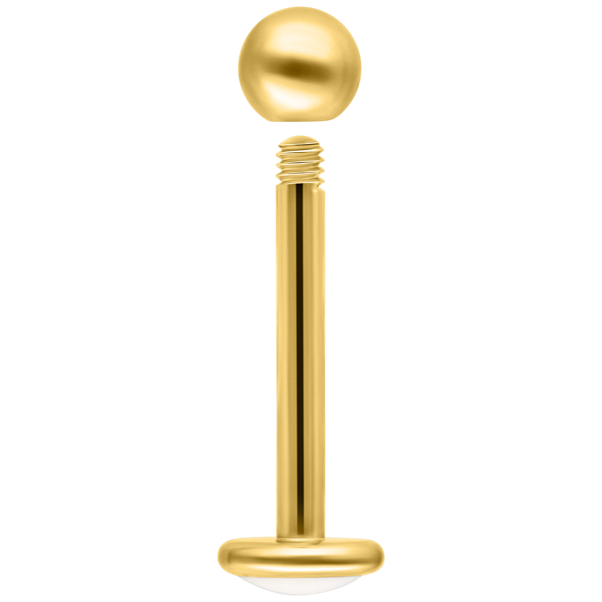 Labret in oro titanio con filettatura esterna su sfondo bianco