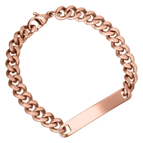 Bracciale in oro rosa con catena a maglie e placca per incisione su sfondo bianco