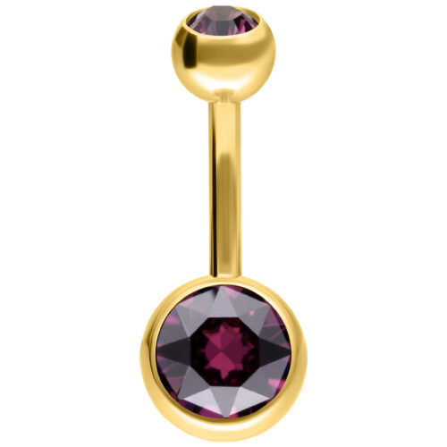 Banana Bell dorato per ombelico con cristalli di ametista su sfondo bianco