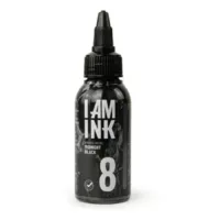 Bottiglia nera I AM INK con 50ml di inchiostro Midnight Black su sfondo bianco
