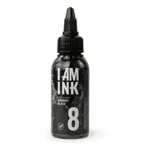 Bottiglia nera I AM INK con 50ml di inchiostro Midnight Black su sfondo bianco