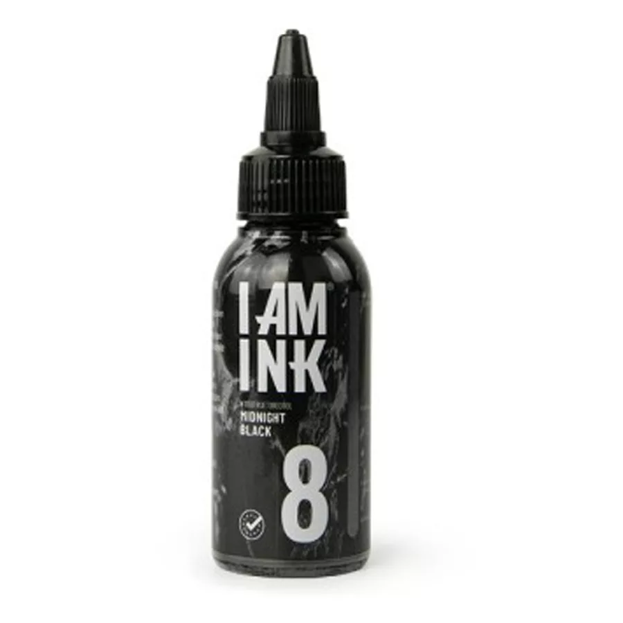 I AM INK Tattoo Inchiostro Midnight Black 50ml Bottiglia nera I AM INK con 50ml di inchiostro Midnight Black su sfondo bianco