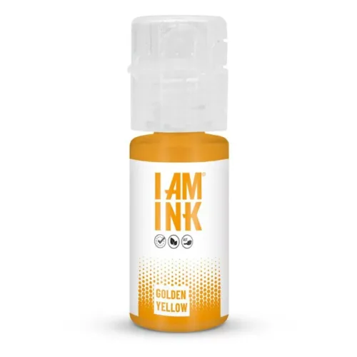 Bottiglia di inchiostro per tatuaggi I AM INK in Golden Yellow su sfondo bianco