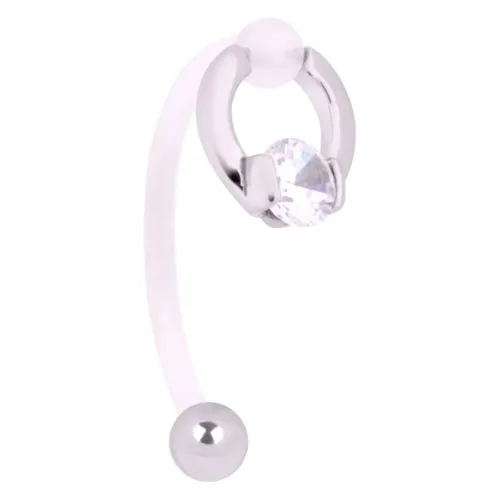 Banana barbell intimo argento in PTFE e acciaio chirurgico con cristallo chiaro su sfondo bianco