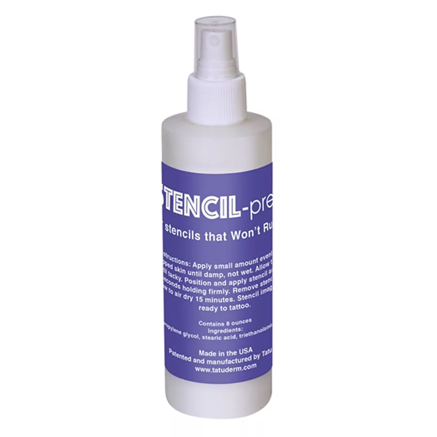 Flacone bianco di Stencil Prep Spray da 250ml con etichetta blu su sfondo bianco