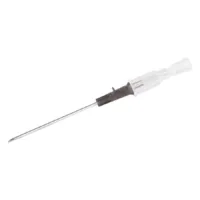 Ago per piercing 16G 1.7mm in acciaio chirurgico con manico trasparente su sfondo bianco