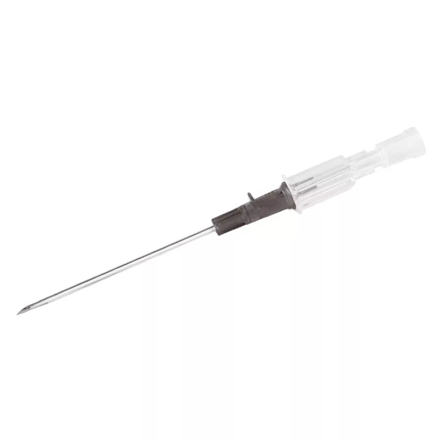 Ago per piercing 16G 1.7mm in acciaio chirurgico con manico trasparente su sfondo bianco