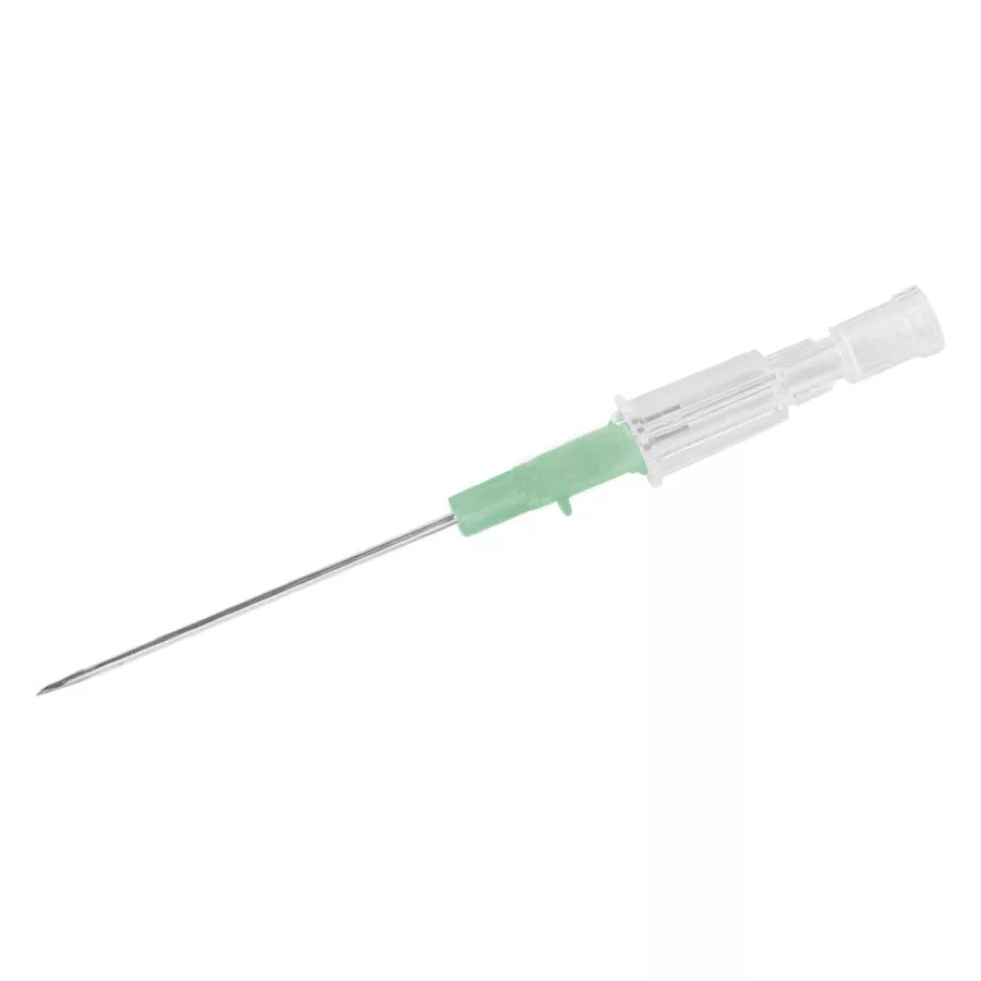 Ago per piercing medico 18G 1,3mm con impugnatura verde su sfondo bianco