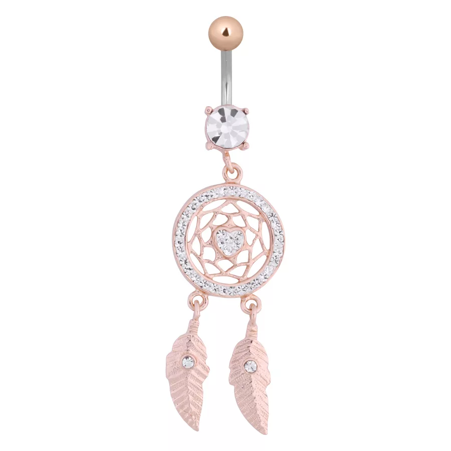 Banana Bell con Sogni d'Oro Rosa e Cristalli Piercing all'ombelico in oro rosa con design a sognatore e cristalli chiari su sfondo bianco