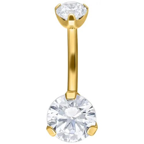 Piercing Banana Bell dorato con due cristalli chiari su sfondo bianco