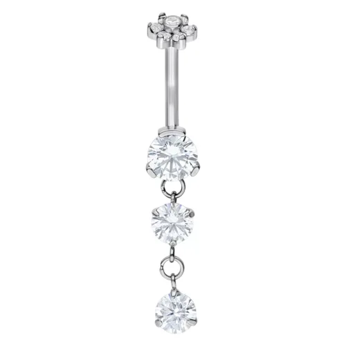 Bananabell argentato con tre cristalli chiari su sfondo bianco