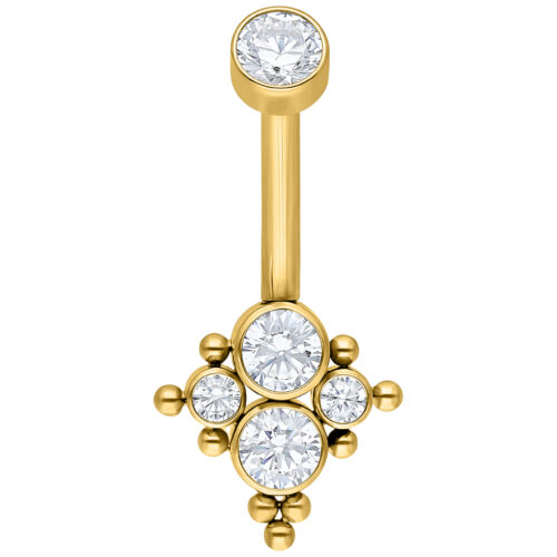 Piercing per ombelico dorato con cristalli chiari su sfondo bianco