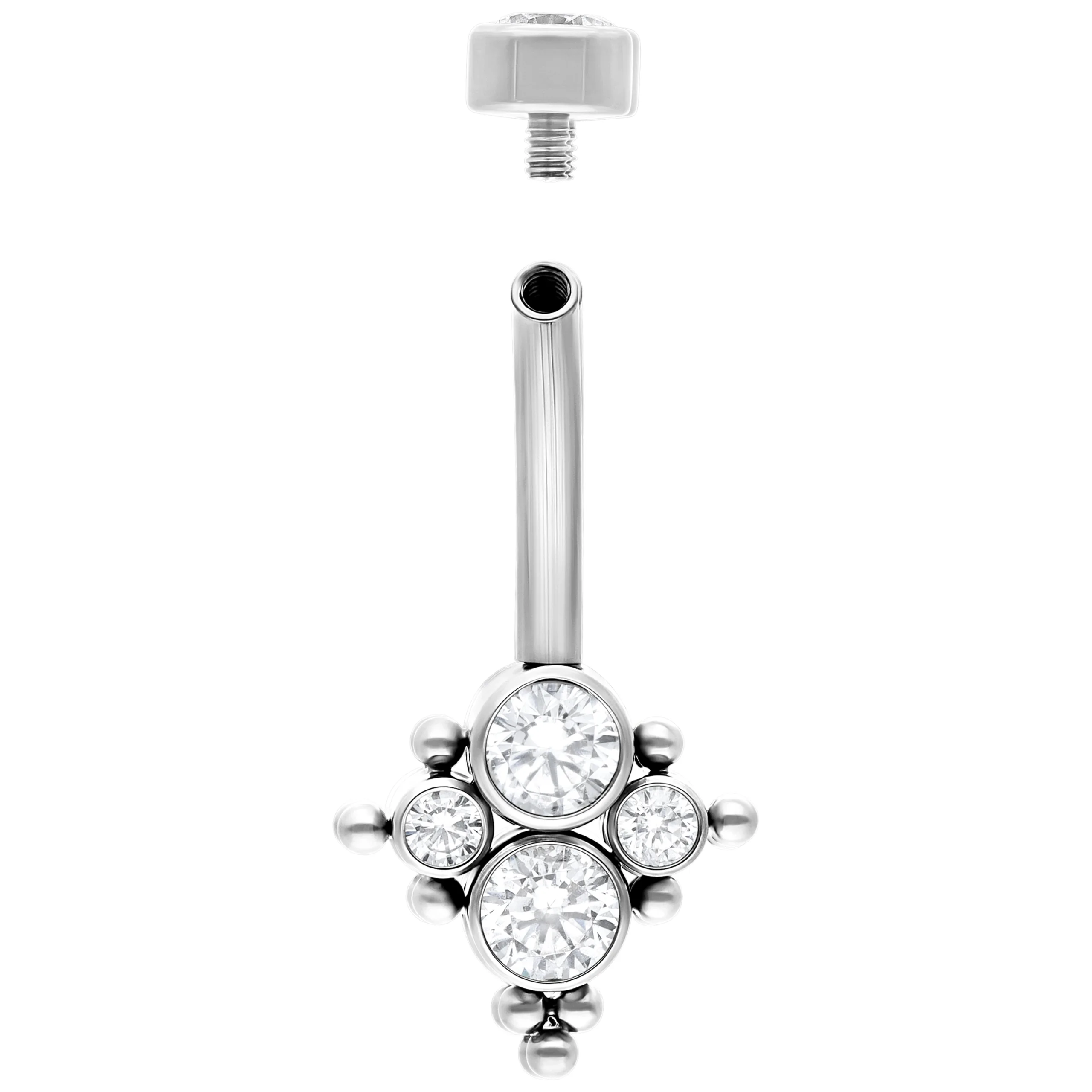 Piercing Bananabell in argento con cristalli chiari su sfondo bianco