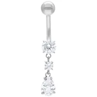 Piercing Bananabell argentato con tre cristalli chiari su sfondo bianco