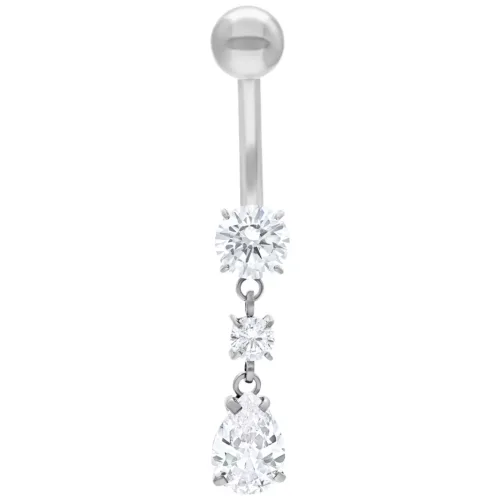 Piercing Bananabell argentato con tre cristalli chiari su sfondo bianco