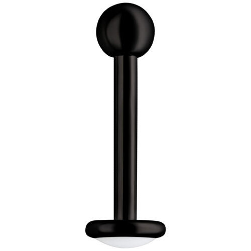 Piercing Labret nero in titanio con filettatura esterna su sfondo bianco