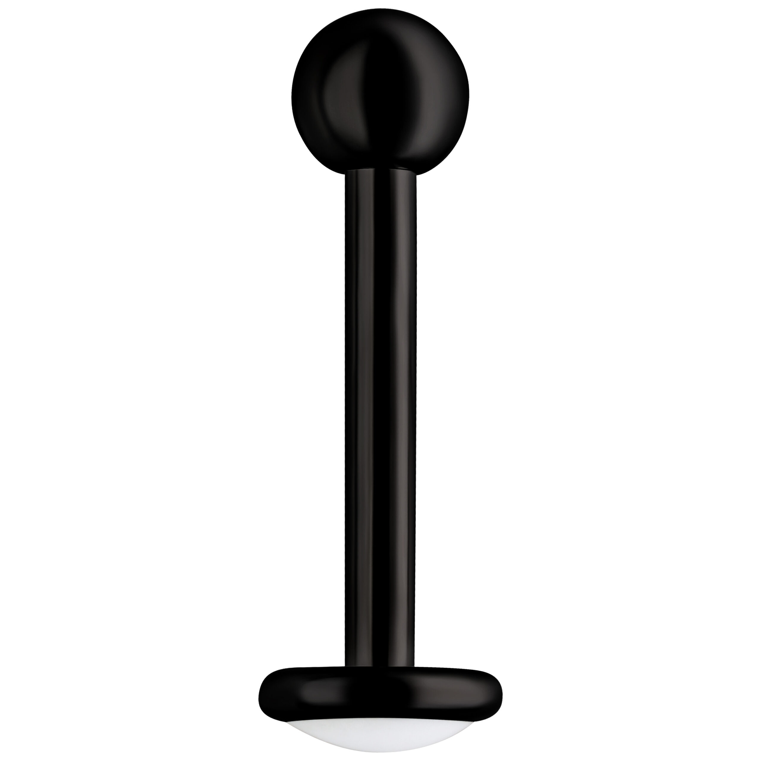 Piercing Labret nero in titanio con filettatura esterna su sfondo bianco