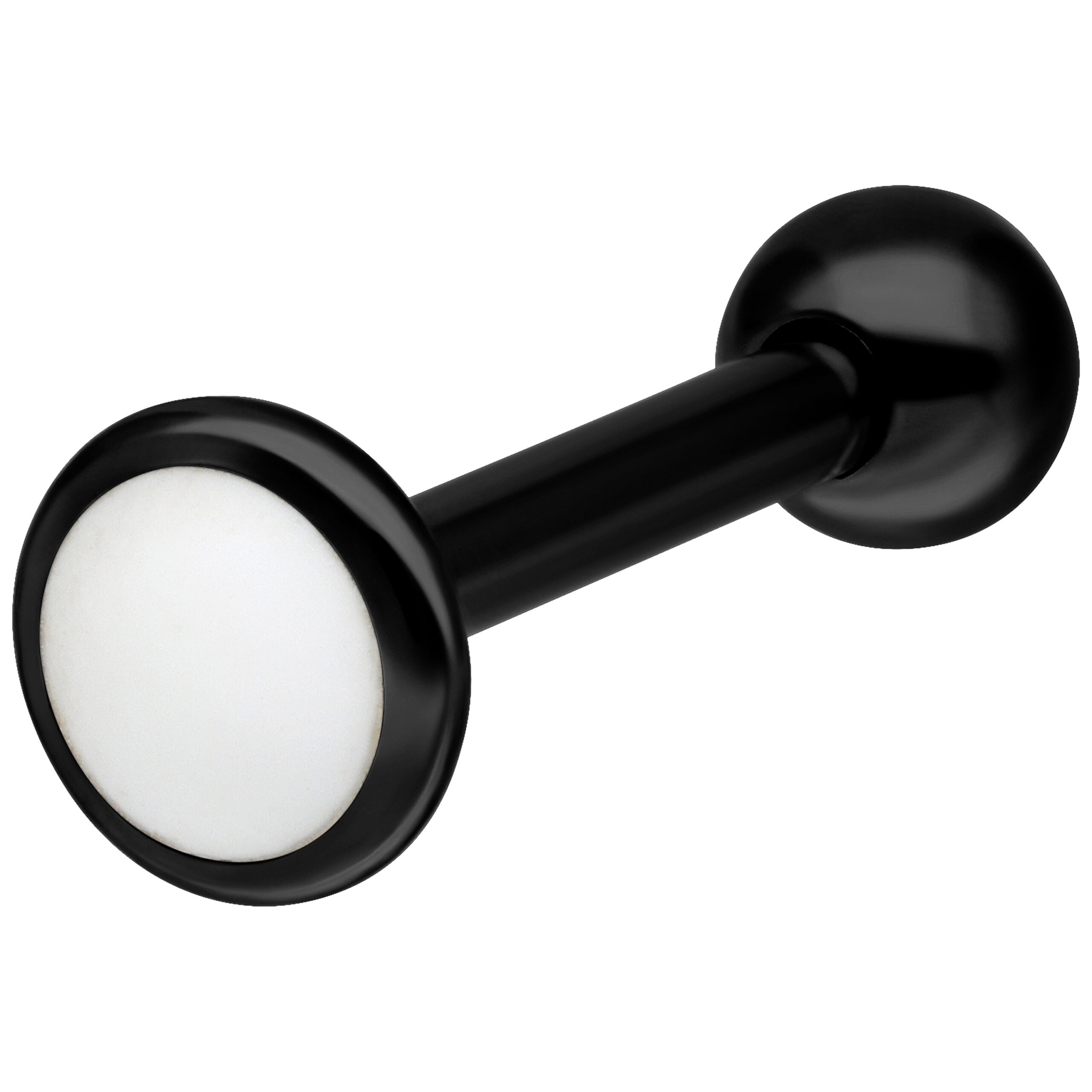 Labret in titanio nero con sfera bianca su sfondo bianco