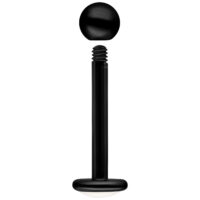 Labret in titanio nero con filettatura esterna, sfera e piastra piatta su sfondo bianco