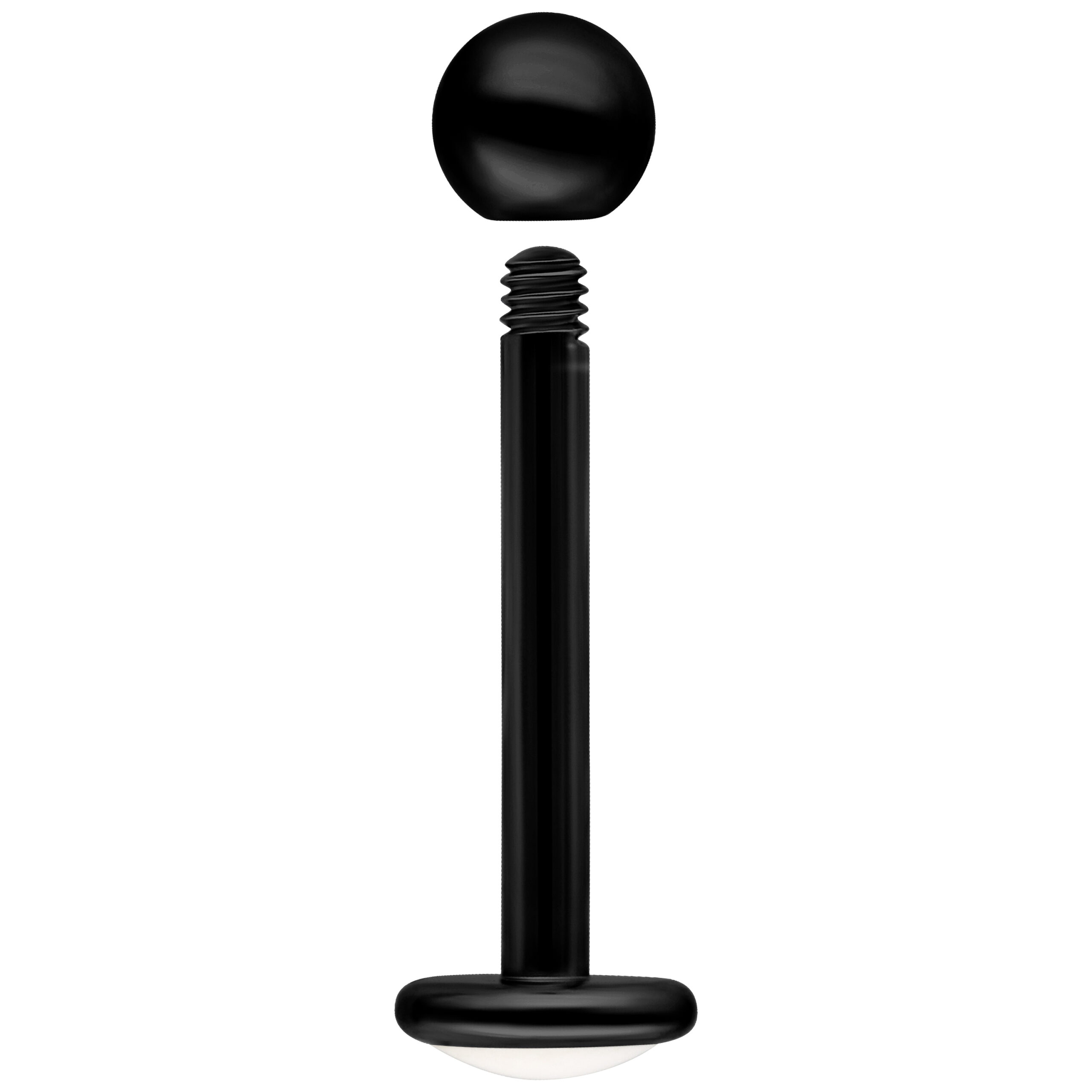 Labret in titanio nero con filettatura esterna, sfera e piastra piatta su sfondo bianco