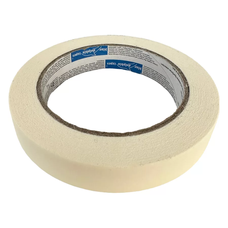 Nastro adesivo beige su sfondo bianco, rotolo con etichetta interna blu