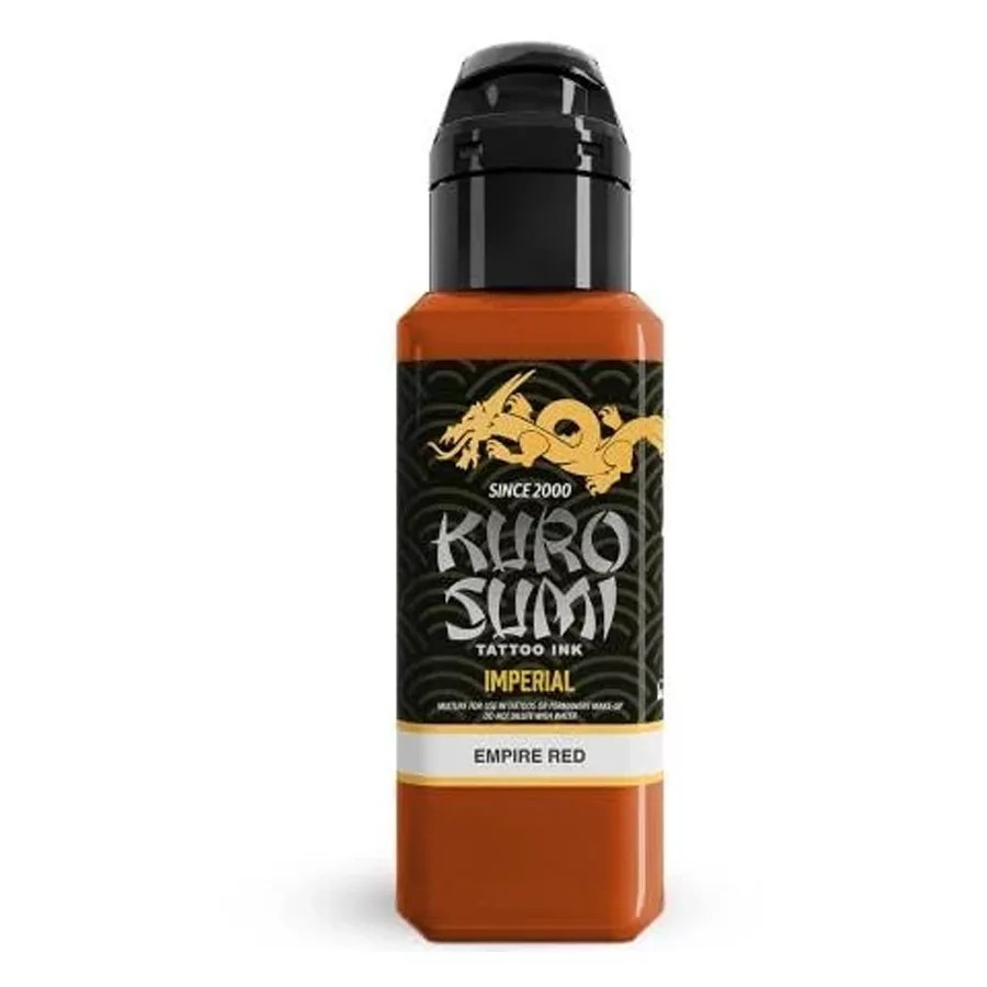 Kuro Sumi Empire Red Inchiostro per Tatuaggi 44 ml Bottiglia di inchiostro rosso Kuro Sumi con tappo nero su sfondo bianco