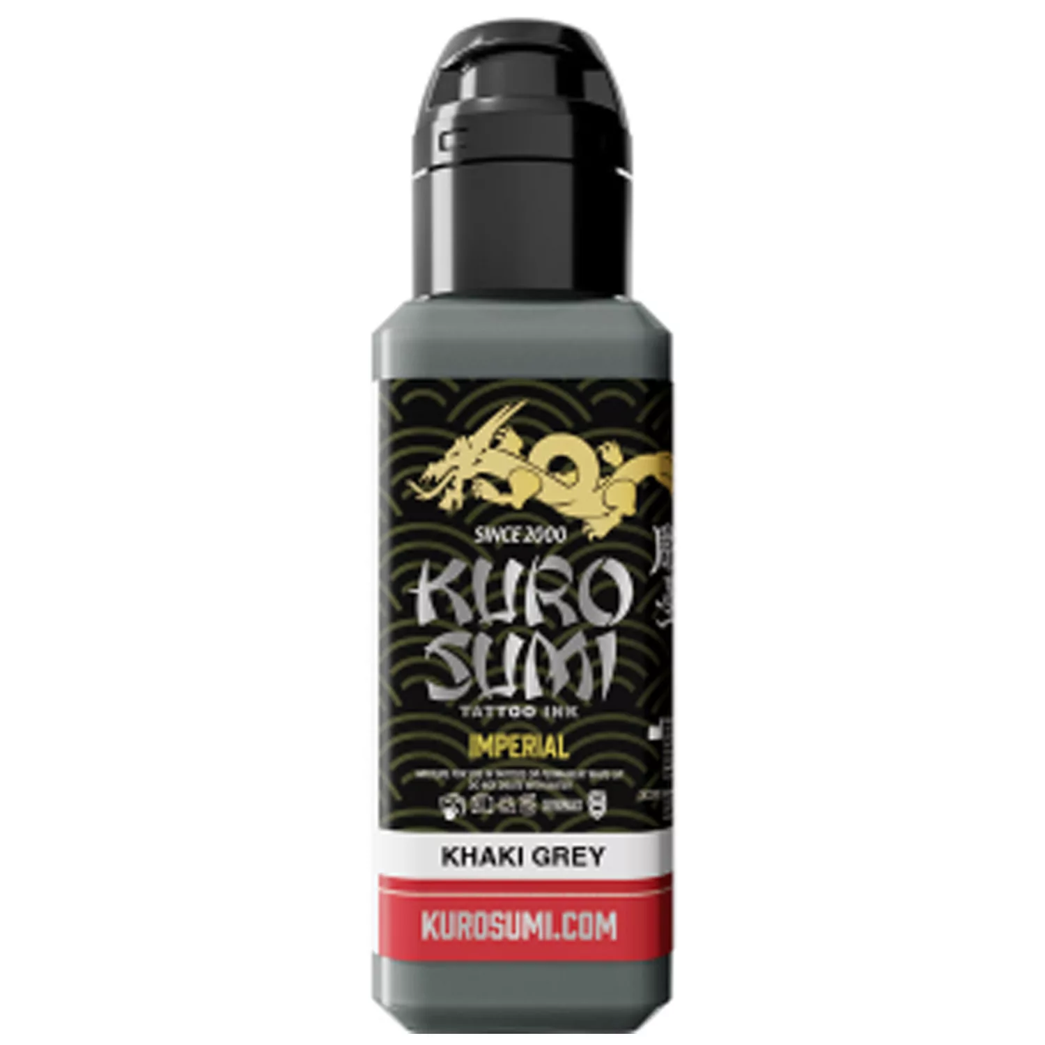 Kuro Sumi Imperial Inchiostro per Tatuaggi Khaki Grigio Bottiglia di inchiostro per tatuaggi Kuro Sumi Imperial in Khaki Grigio su sfondo bianco