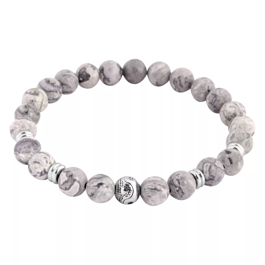 Bracciale Ying Yang in acciaio chirurgico e pietra Bracciale Ying Yang grigio in pietra con dettagli argentati su sfondo bianco