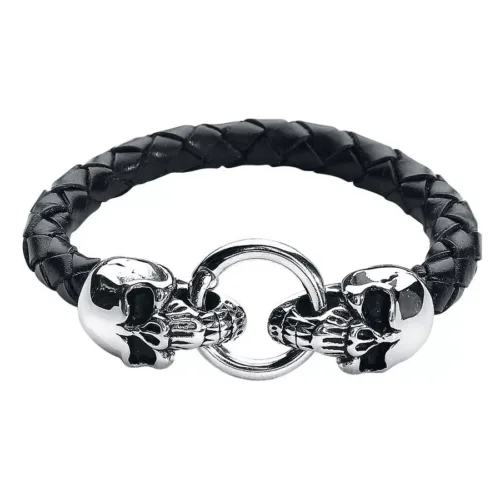 Bracciale teschi in acciaio e pelle