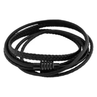 Braccialetto in pelle nera intrecciata con chiusura in acciaio inox su sfondo bianco