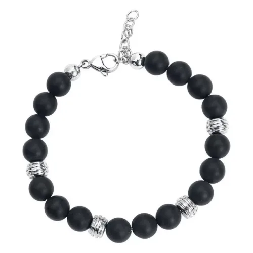 Bracciale nero in acciaio chirurgico con accenti d'argento su sfondo bianco