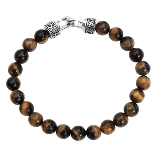 Bracciale unisex in occhio di tigre marrone con chiusura in acciaio inox su sfondo bianco